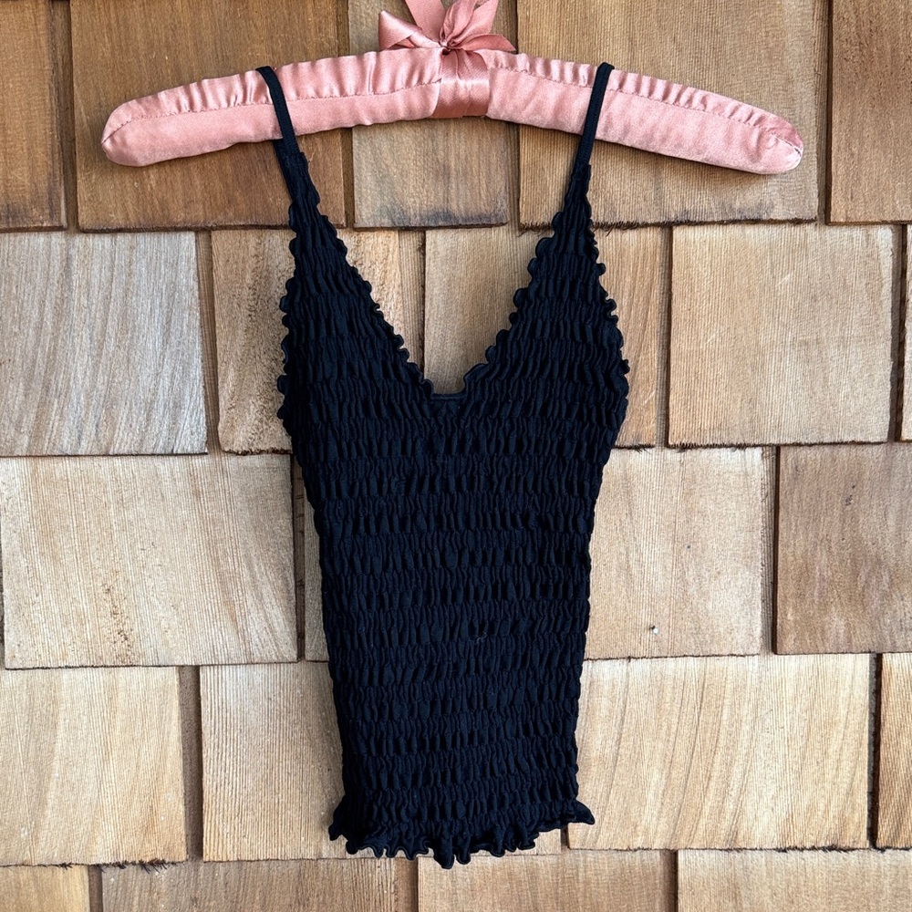 Black Smocked V-Neck Women's Tank Top